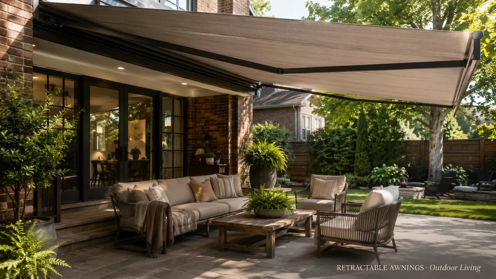 Retractable awning extended over a stylish backyard patio